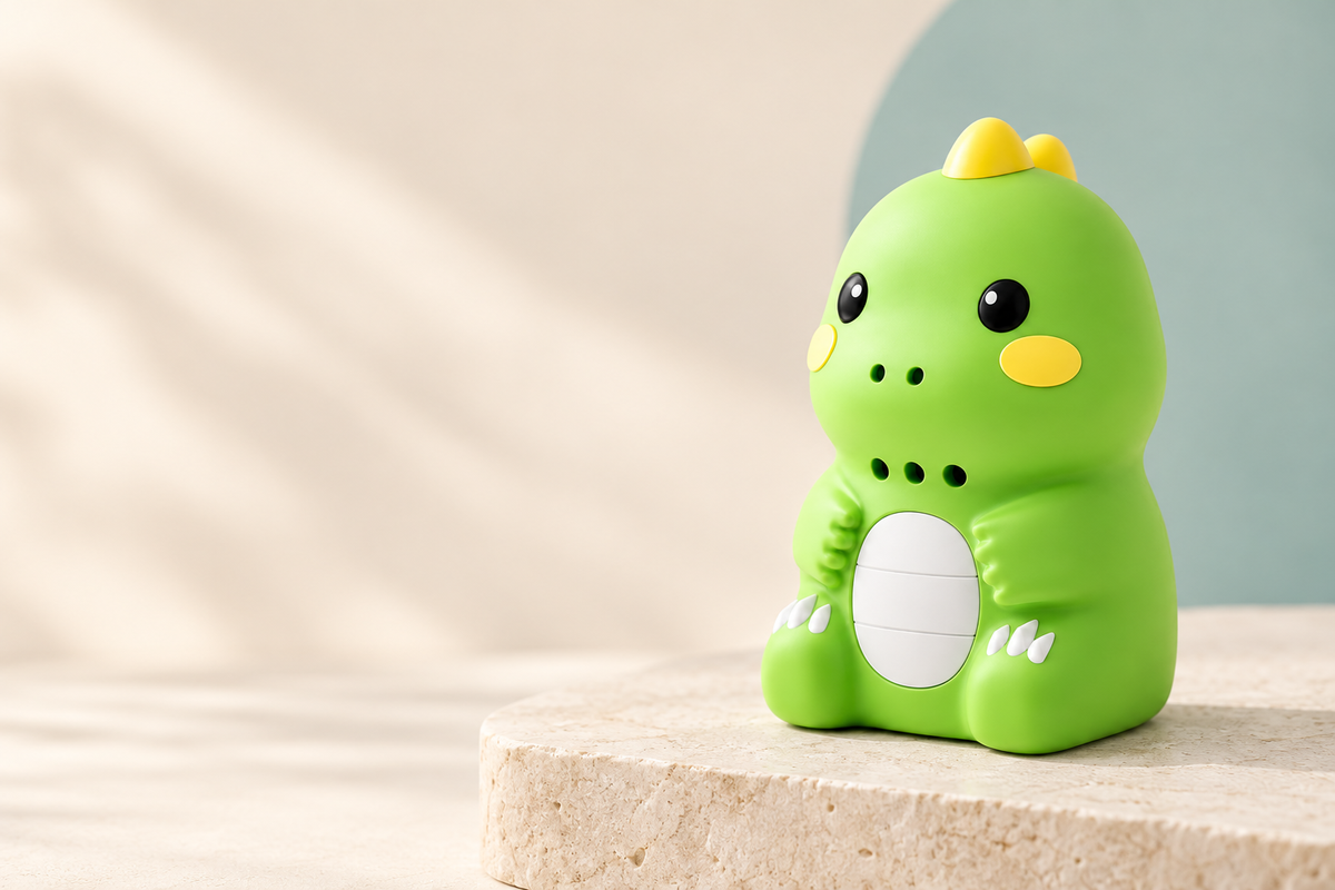 Green Talking Dino on an ivory display surface