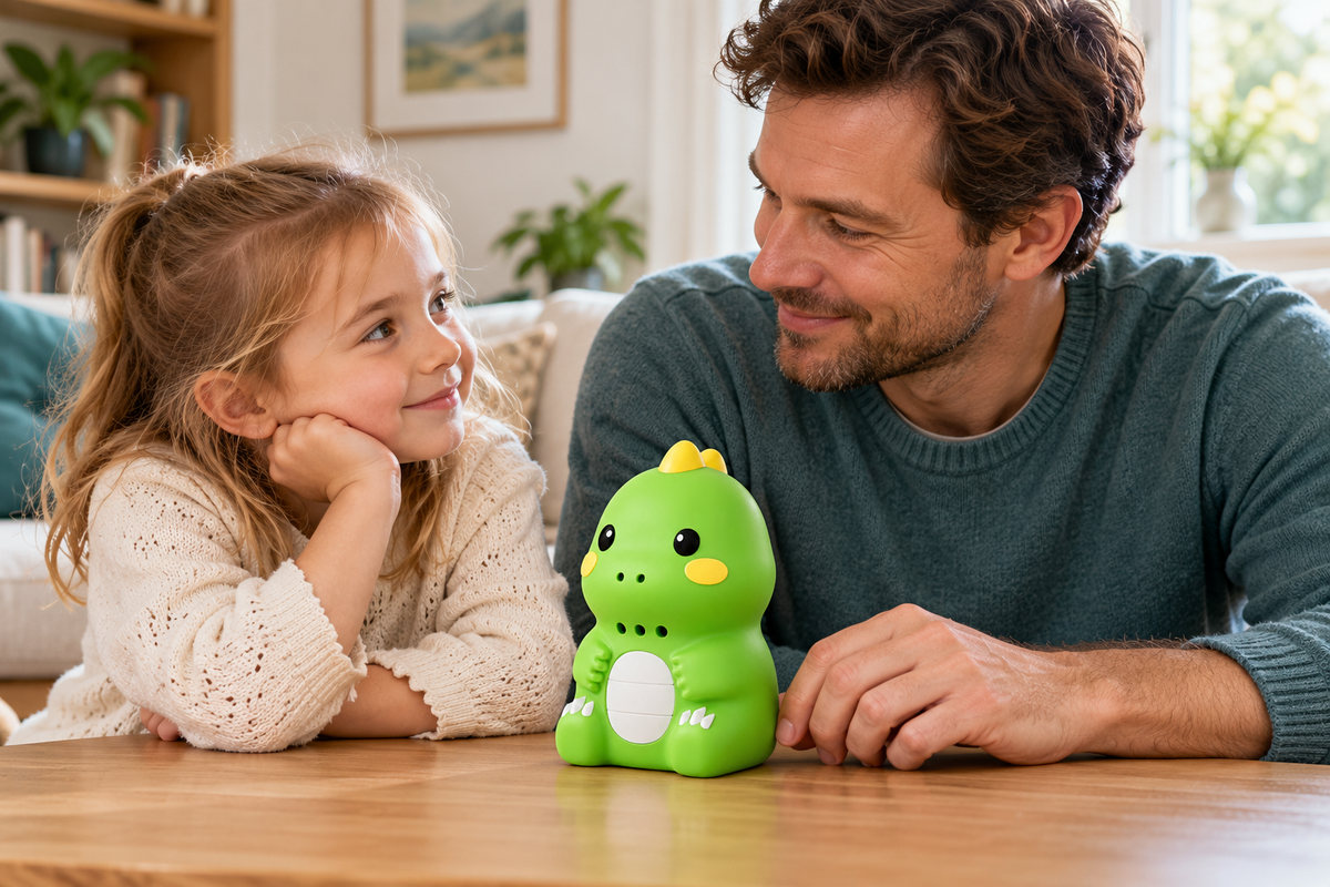 Illustrative family scene exploring Talking Dino together